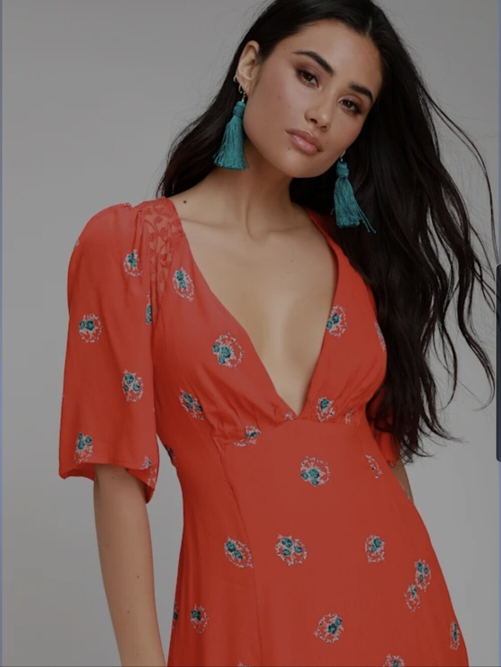Free People Coral Red Floral V-Neck Dress